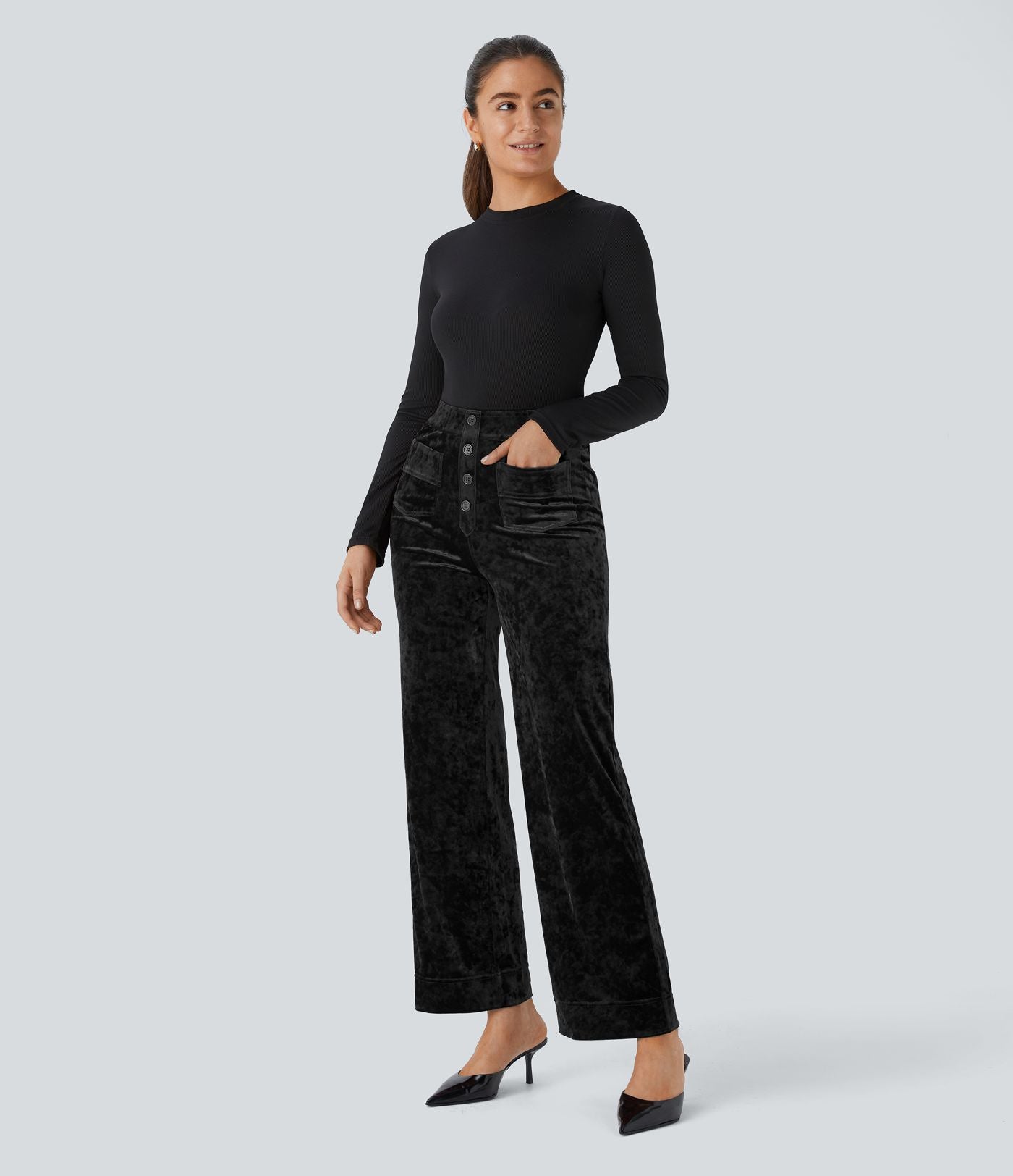 Pantalon Casual en Velours Taille Haute avec Bouton Multipoches Droites