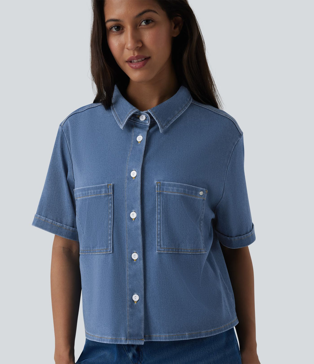 Halara Flex™ Chemise casual à manches courtes en denim lyocell drapé avec poches