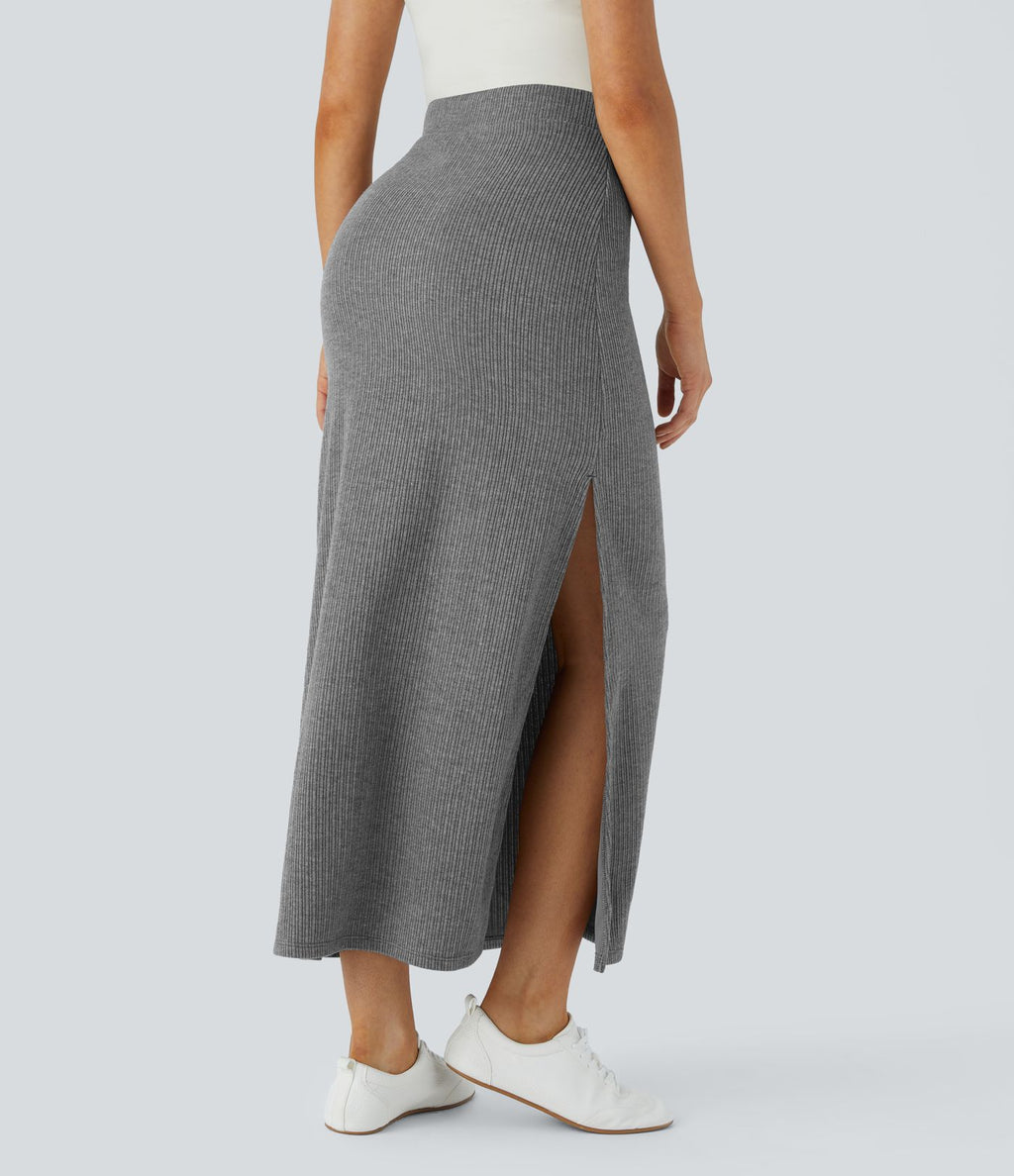 Jupe Casual Maxi à Taille Haute et Ourlet Fendu en A-Line en Côtes