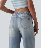 Jogging jean décontracté en molleton French Terry imprimé denim taille mi-haute avec poches