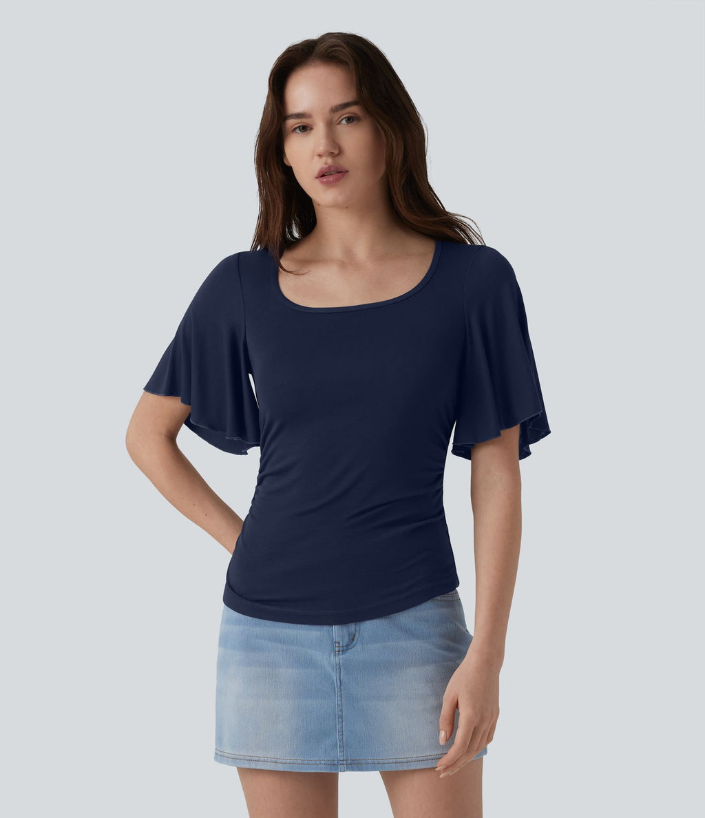 T-shirt décontracté maille côtelée col carré manches papillon froncé