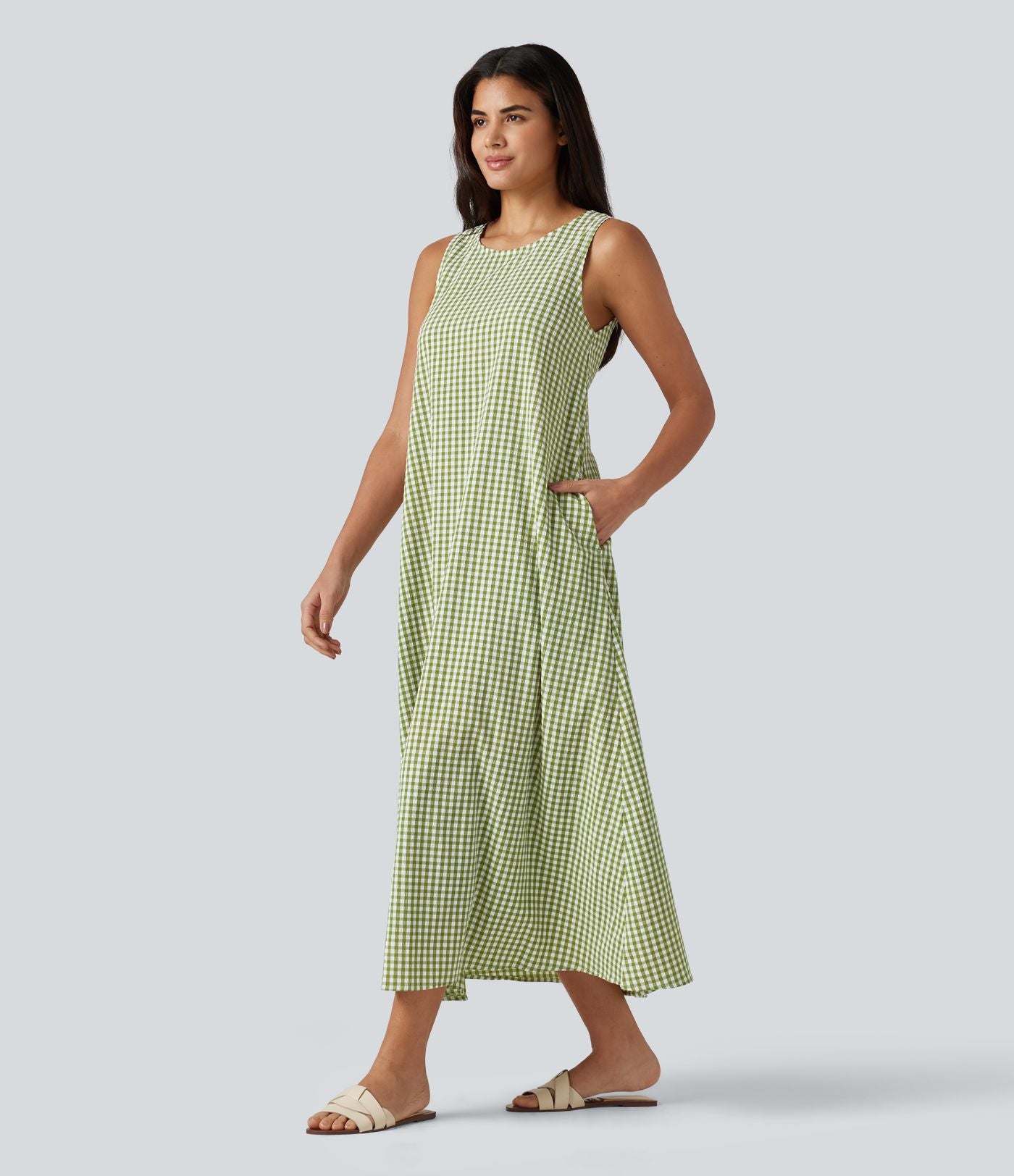 Robe débardeur midi décontractée col rond sans manches en vichy froissé avec poches