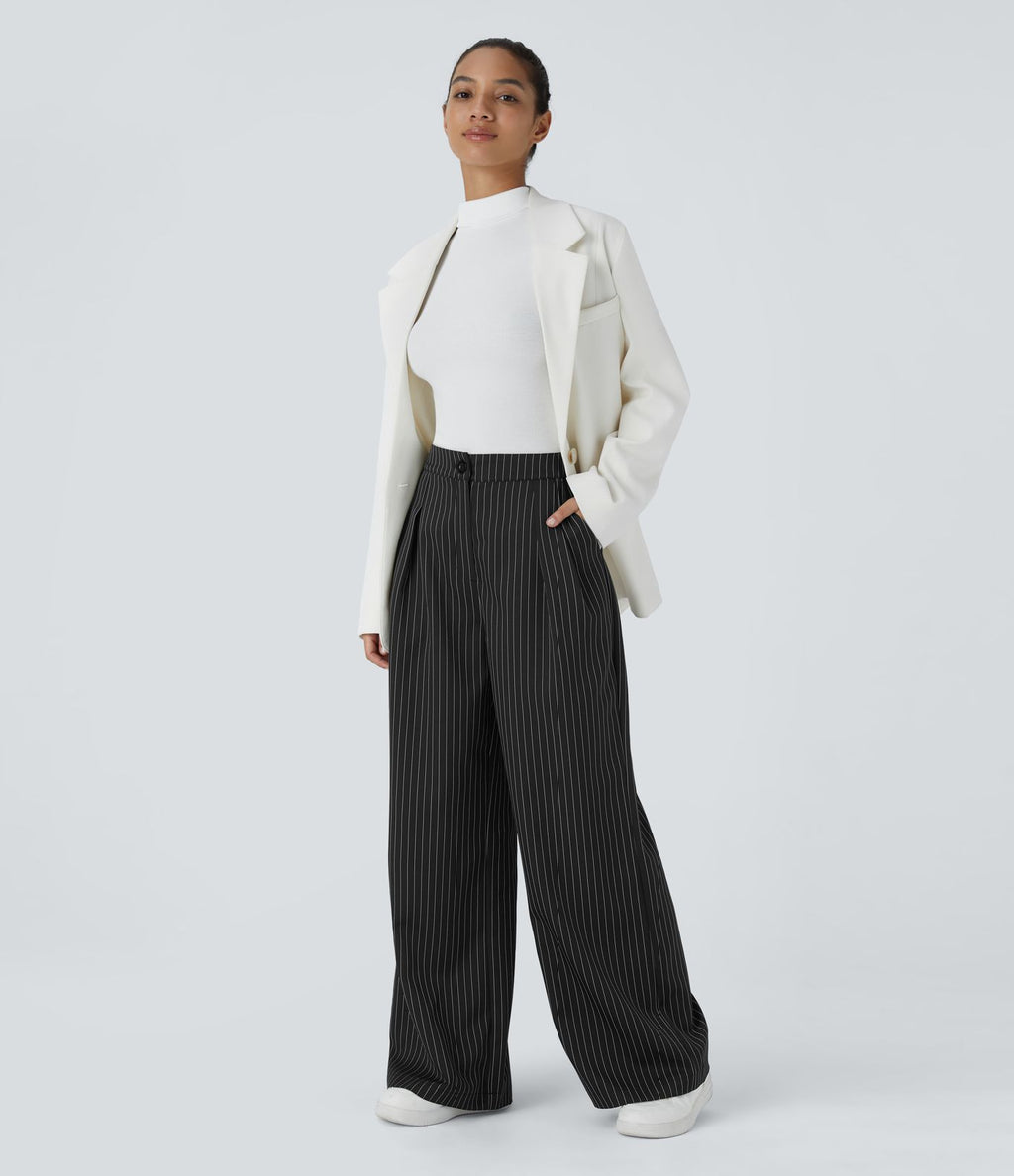 Pantalon Tailleur Large Fluide à Rayures, Taille Haute, Bouton et Fermeture Éclair, Poches Latérales