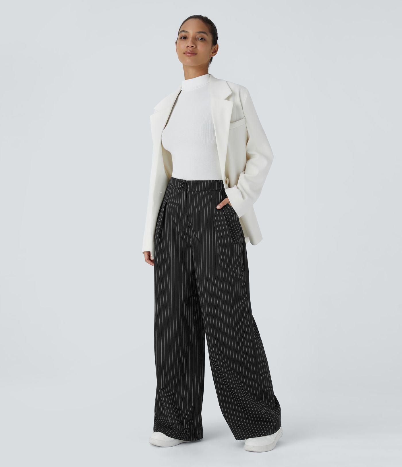 Pantalon Tailleur Large Fluide à Rayures, Taille Haute, Bouton et Fermeture Éclair, Poches Latérales