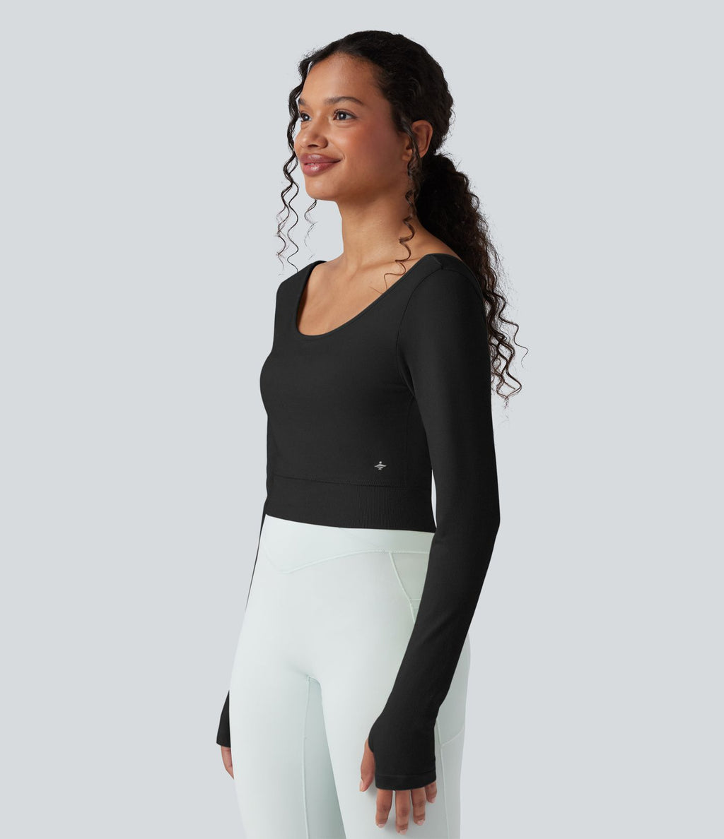 Haut de sport de yoga court Seamless Flow dos nu torsadé encolure dégagée manches longues avec passants pouces