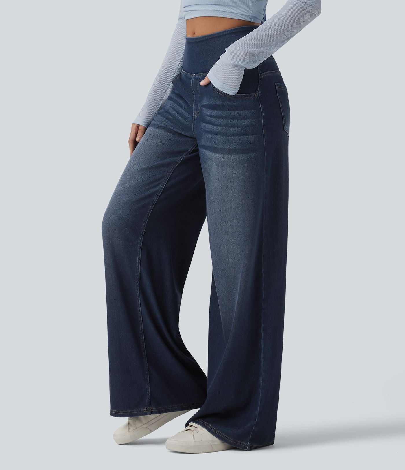 Halara Flex™ Jean large casual baggy taille mi-haute en lyocell drapé effet délavé, avec poches