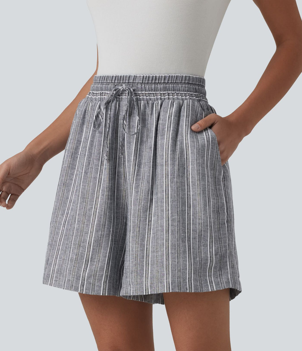 Short tailleur large en lin rayé taille haute avec cordon de serrage et poches