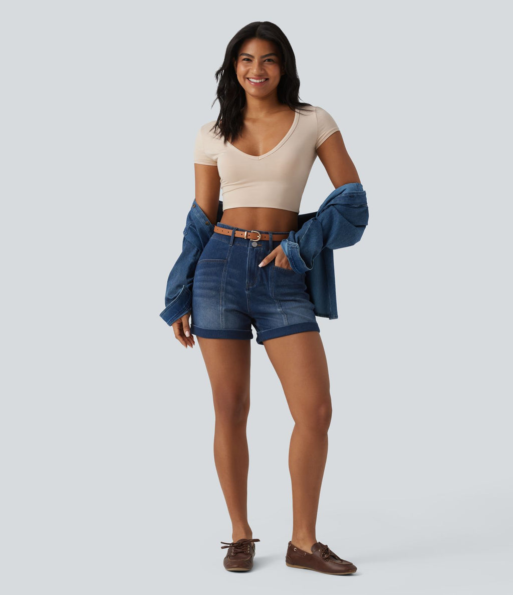 Halara Flex™ Short en jean casual taille haute ourlet roulé 10 cm avec poches