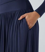 Robe Casual Maxi Fluide Encolure Bateau en Côtes avec Poches Latérales et Froncée