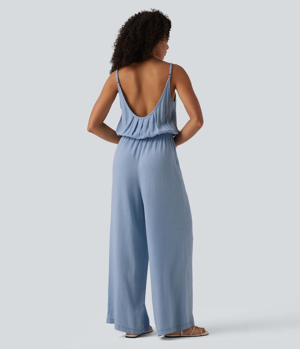 Combinaison en jean casual en lyocell à jambes larges avec poches, style enfilable