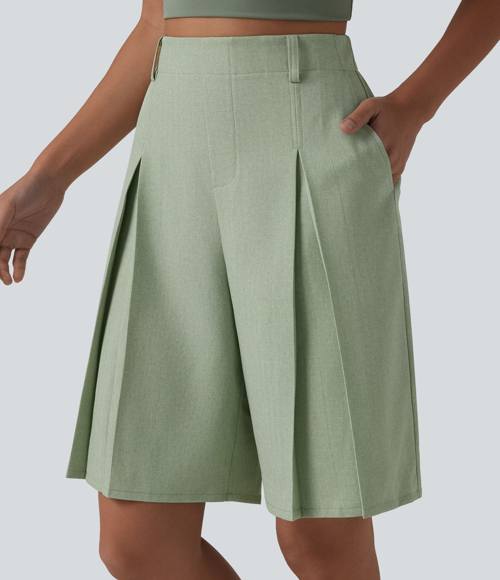 Bermuda ample infroissable taille haute plissé aspect lin avec fermeture éclair invisible et poches