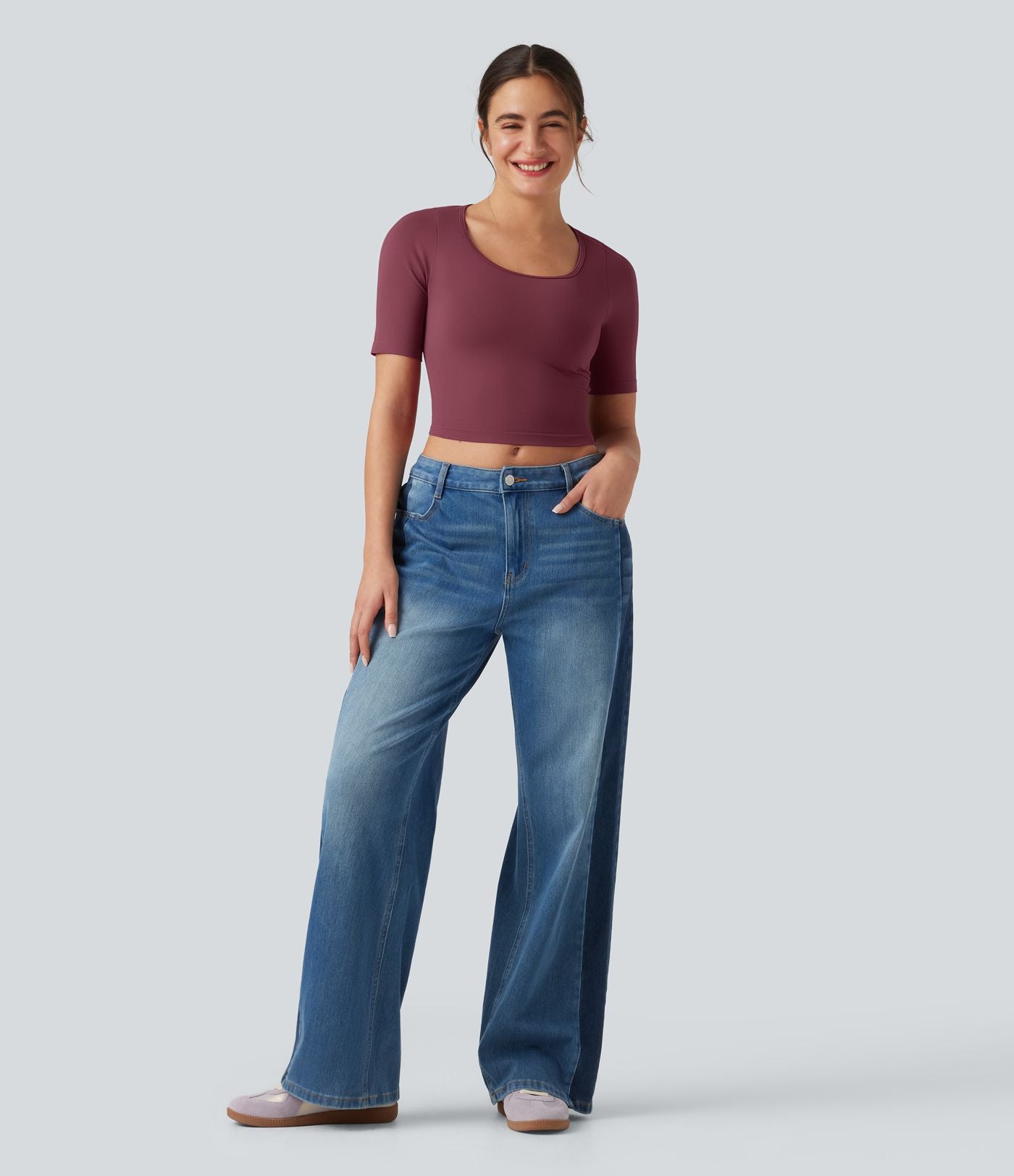 Haut de sport yoga OneForm sans couture Flow col rond échancré manches courtes