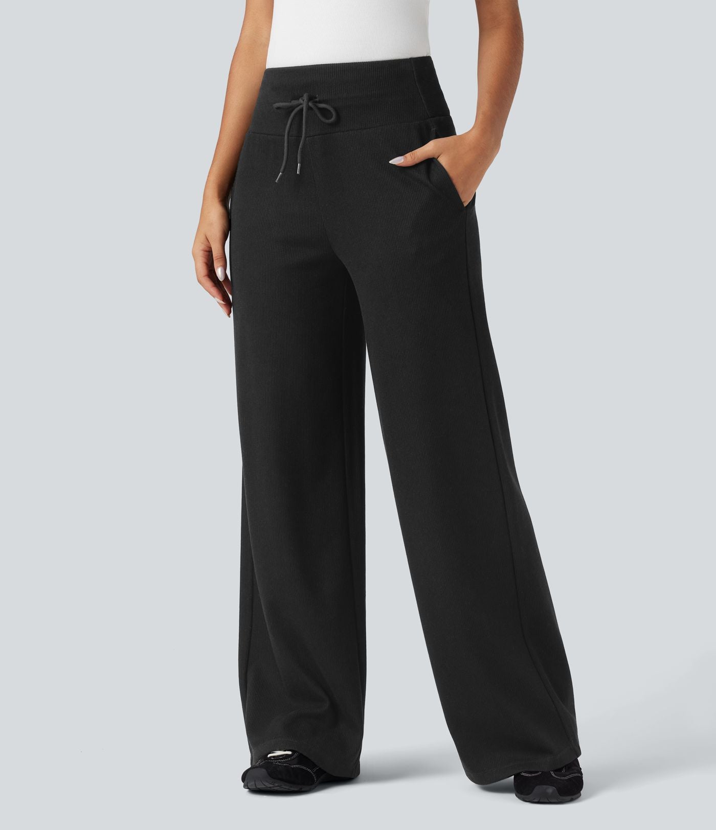 Pantalon jogging large décontracté côtelé gainant taille haute avec cordon de serrage et poches