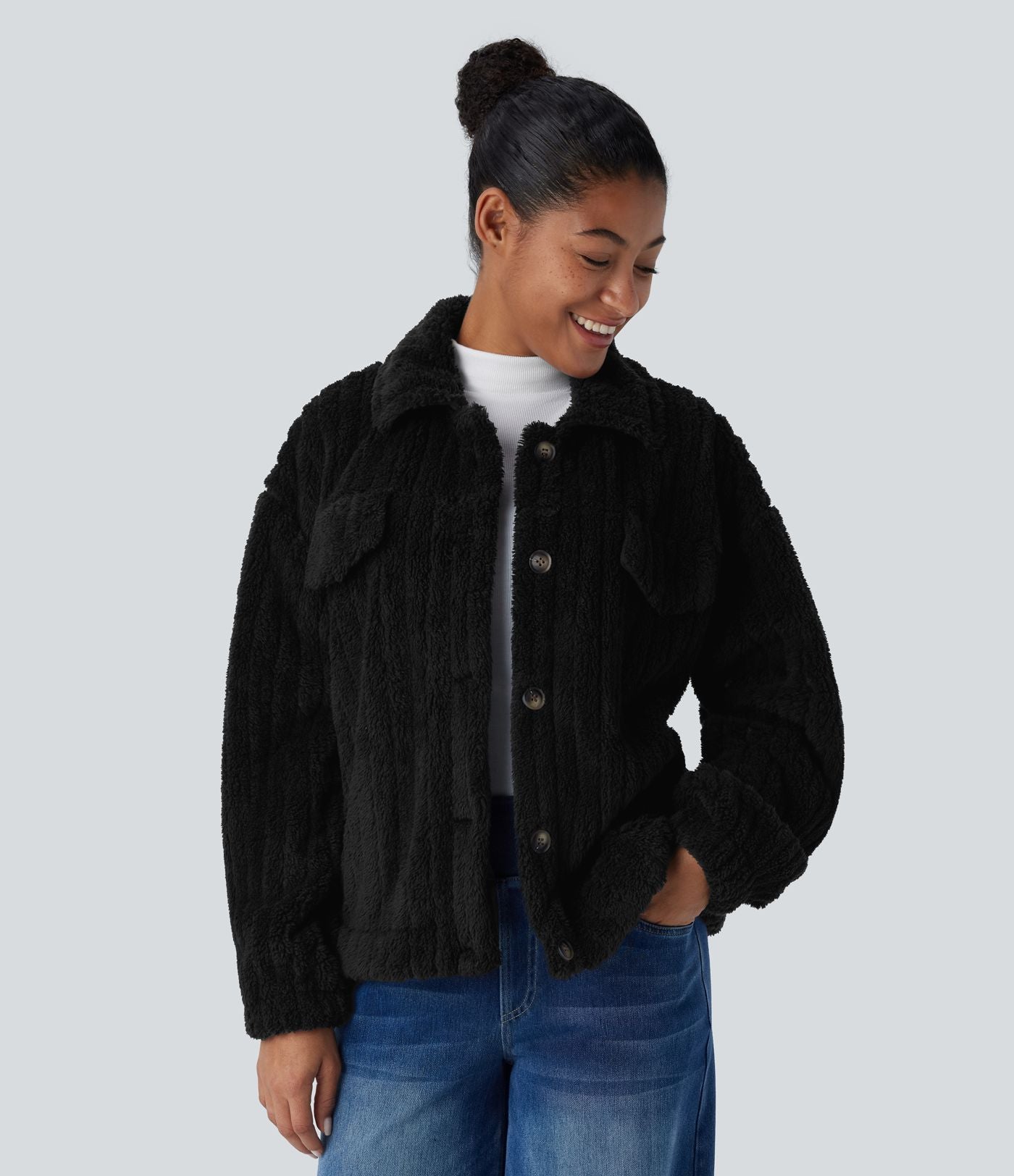 Veste décontractée en sherpa à col, boutons et manches longues