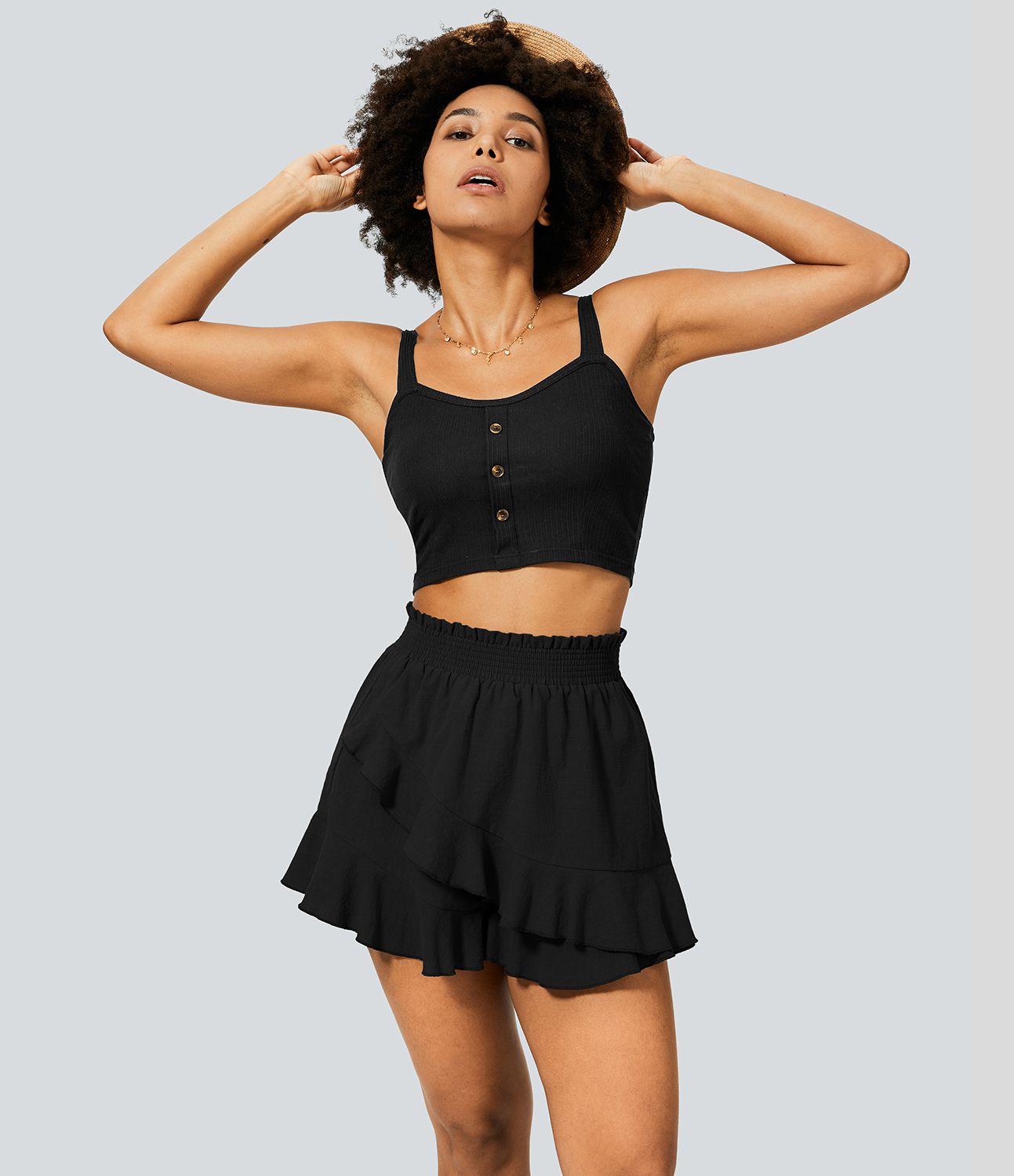 Short Évasés Casual à Taille Haute avec Volants Frisés et Effet Lin