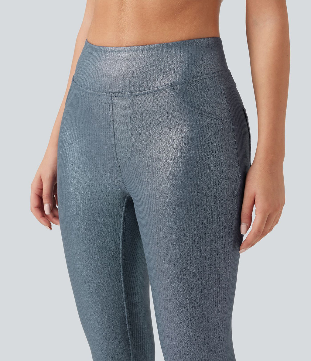Leggings de yoga taille haute en maille côtelée avec imprimé métallisé et poches