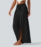 Pantalon ample fluide effet lin taille haute avec laçage