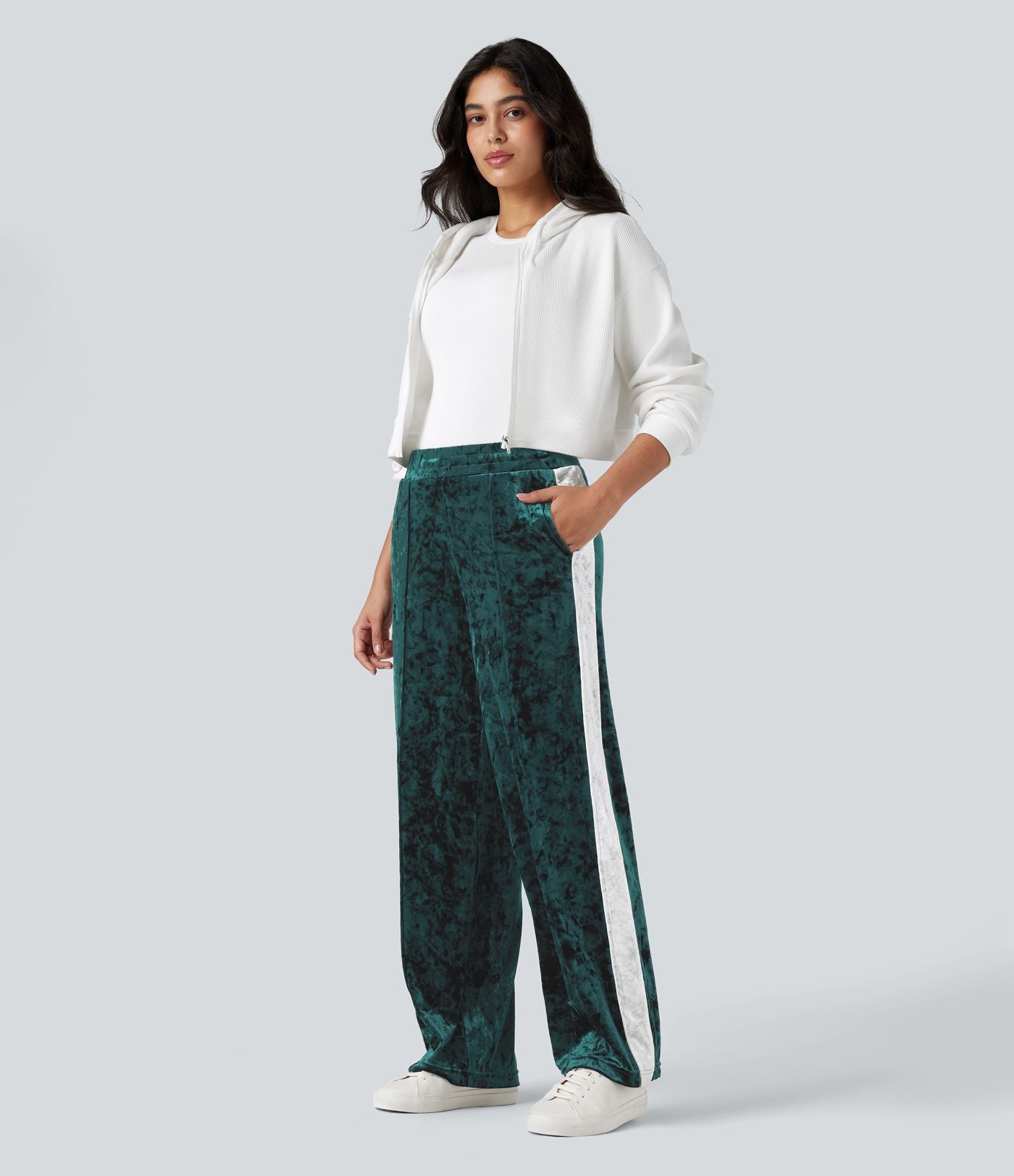 Pantalon velours coupe droite color block taille mi-haute avec cordon de serrage et poches