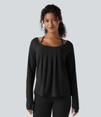 Top de sport yoga 2-en-1 SoftlyZero™ Airy dos nu croisé à manches longues avec passage de pouce, fronces et ourlet courbe - UPF50+