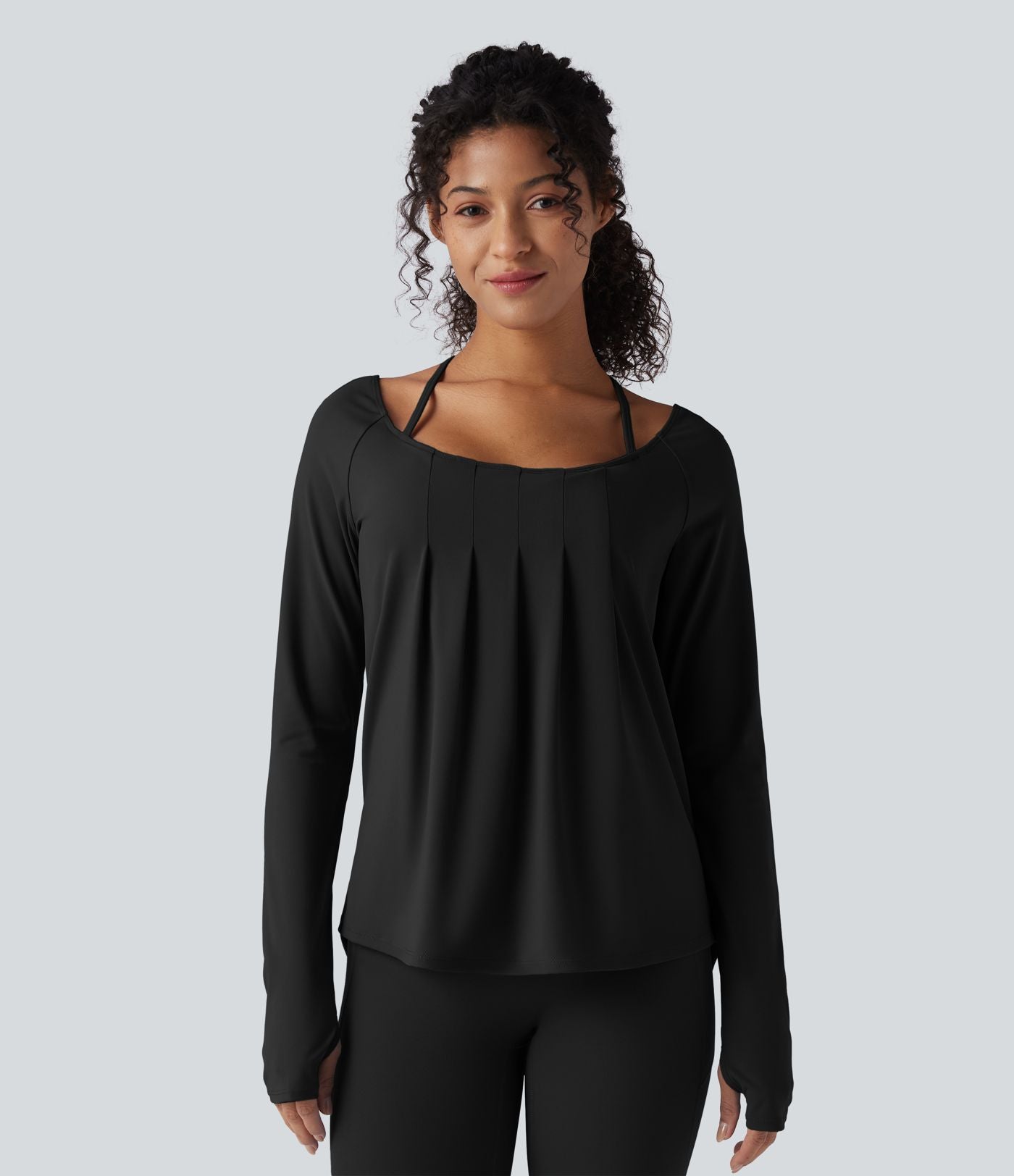 Top de sport yoga 2-en-1 SoftlyZero™ Airy dos nu croisé à manches longues avec passage de pouce, fronces et ourlet courbe - UPF50+