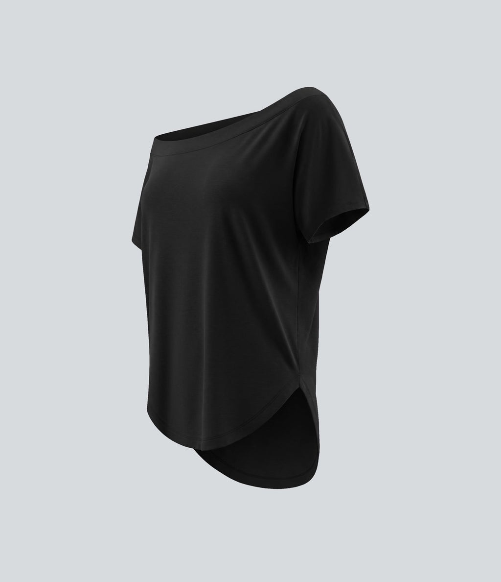 Top de sport yoga asymétrique à épaule dénudée manches courtes ourlet arrondi et coupe asymétrique à séchage rapide – Soutien-gorge intégré