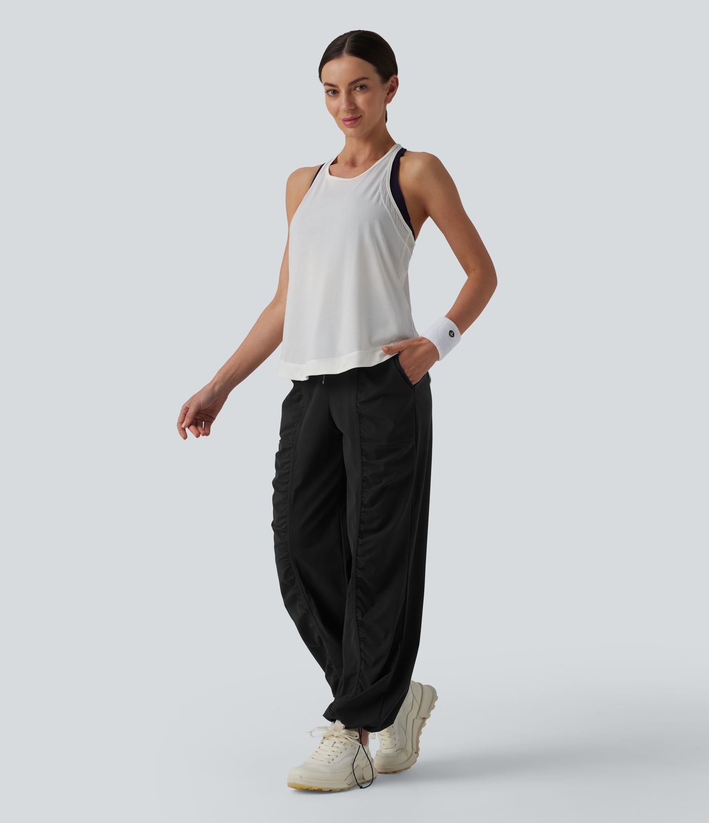 Pantalon running coupe droite taille haute à cordon de serrage et fronces séchage rapide avec poches