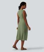 Robe midi évasée décontractée col V sans manches torsadée avec poches