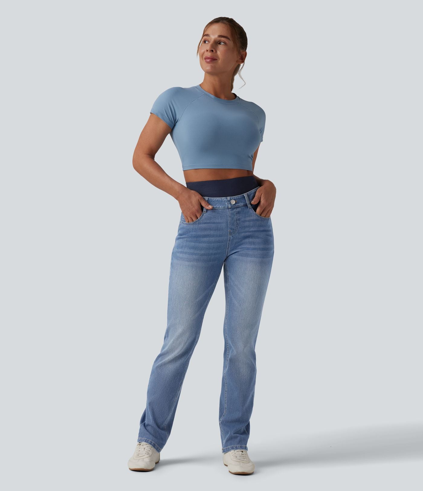 Jean ajusté décontracté Halara Flex™ double ceinture gainant taille haute avec poches