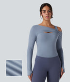Top de sport yoga épaule asymétrique manches longues avec trous pouces