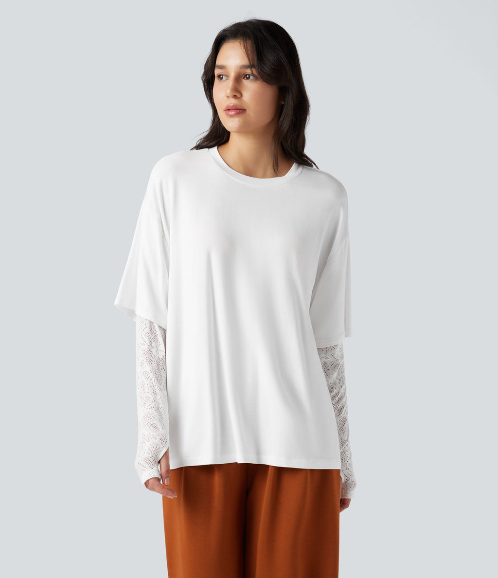 Top 2-en-1 dentelle contrastante col rond manches longues avec trous pouces