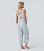 Combinaison de yoga col bateau sans manches dos nu avec découpes et poches latérales à cordon de serrage effet frais InstantCool, protection solaire UPF50+