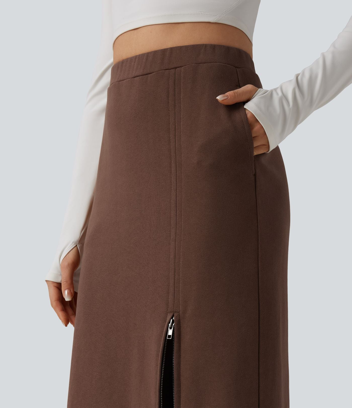 Jupe longue décontractée taille haute en molleton French Terry coton avec poches