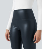 Pantalon 7/8 moulant décontracté polaire gainant taille haute extensible effet cuir avec poches