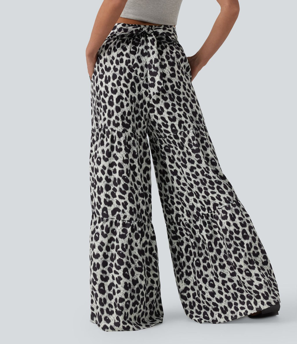 Pantalon ample décontracté taille mi-haute avec nœud devant imprimé léopard avec poches