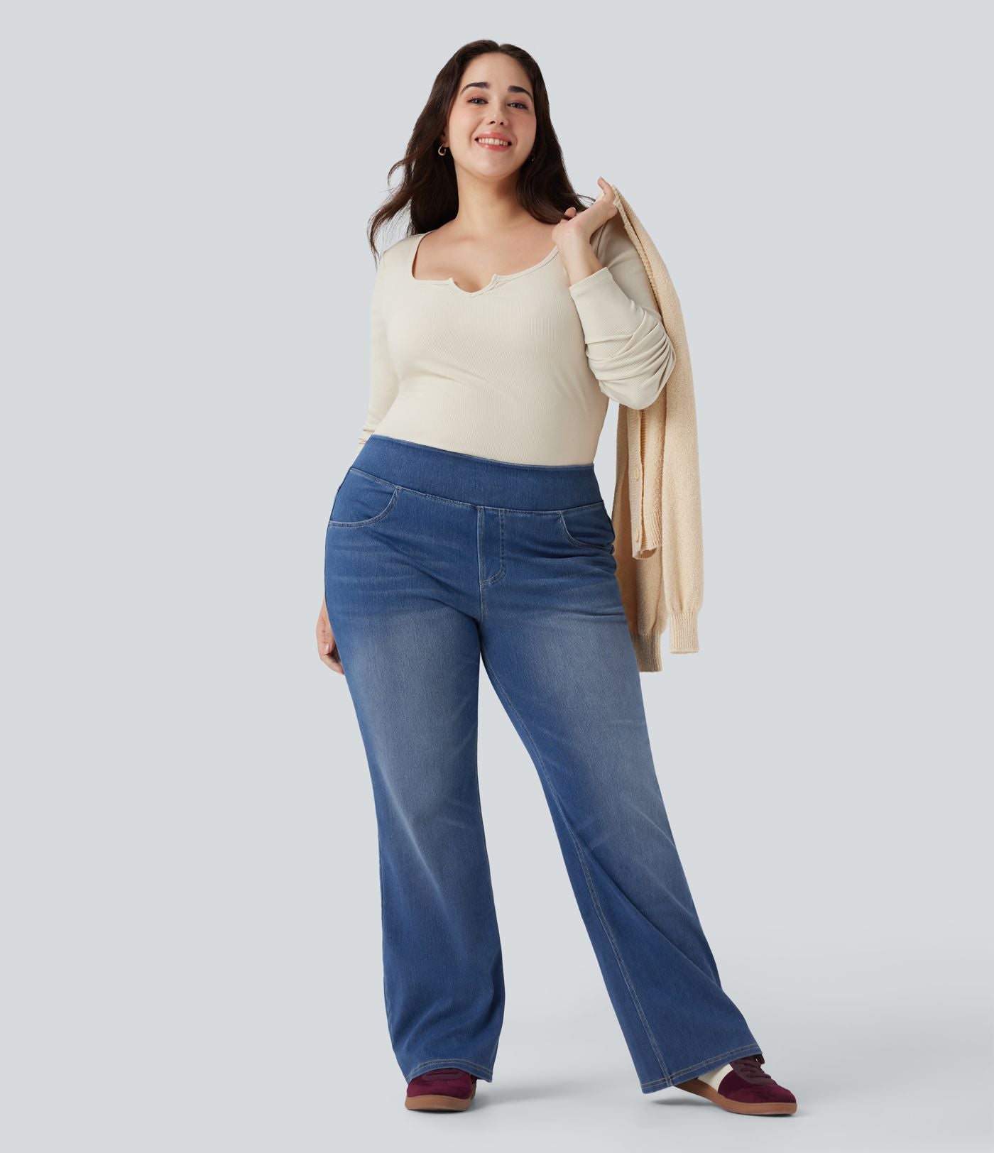 Jean décontracté Halara Flex™ grande taille bootcut taille haute en maille extensible délavée avec multiples poches