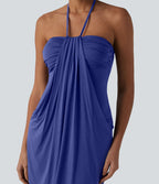 Robe resort mini dos nu à col licou avec lien noué dans le dos et poches