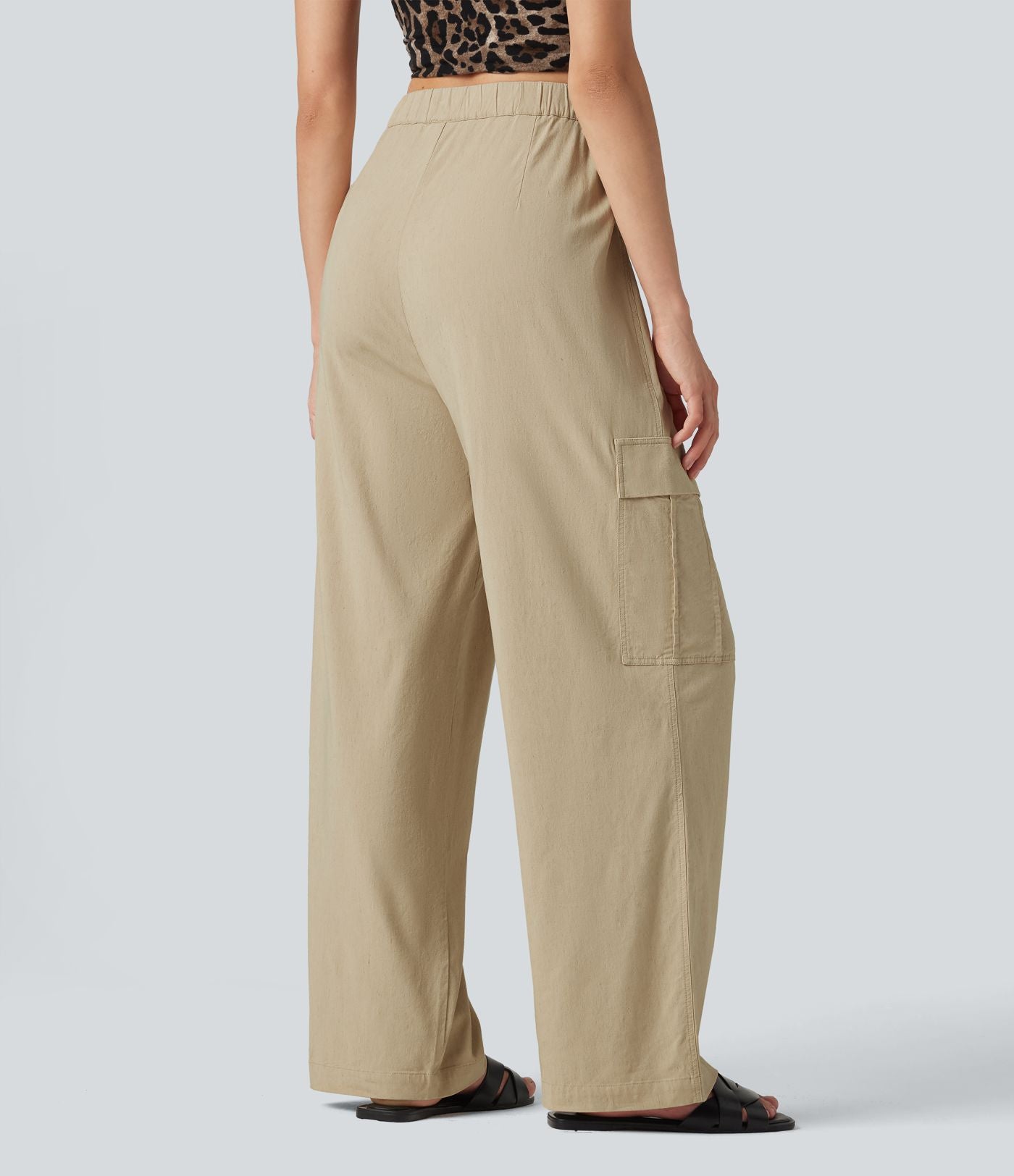 Pantalon cargo décontracté en lin extensible coupe droite taille mi-haute avec cordon de serrage et poches