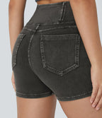 Halara Flex™  Shorts 7,5cm Denim Casual Taille Haute Poches Latérales Croisées en Maille Extensible