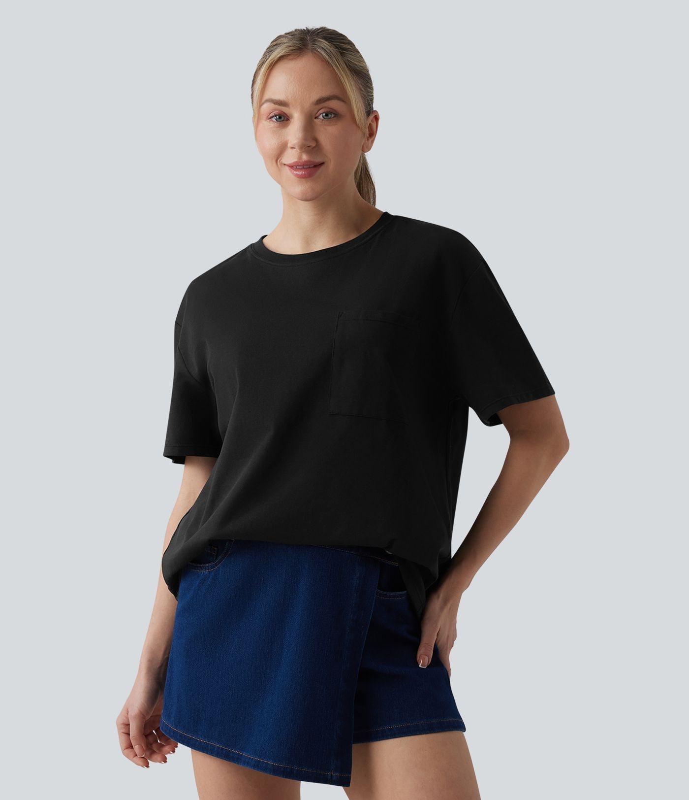 T-shirt casual oversize col rond manches courtes en coton avec poche