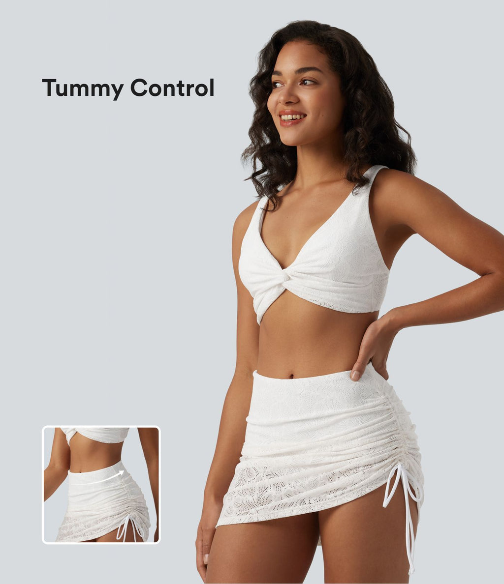 Ensemble Bikini 2-en-1 col V profond ventre plat avec détail torsadé, bretelles réglables, cordon de serrage et superposition en dentelle