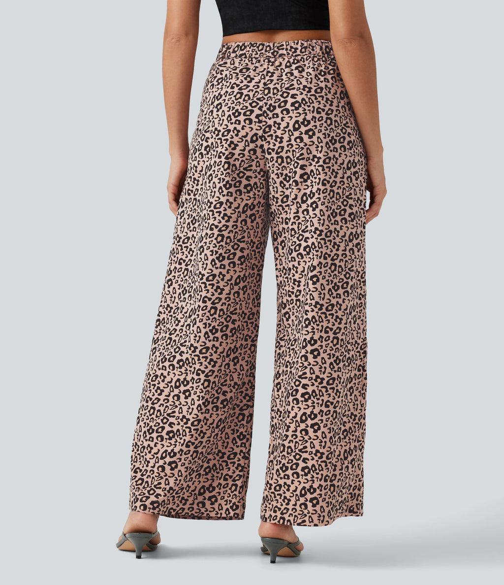 Pantalon large décontracté imprimé léopard taille mi-haute avec poches