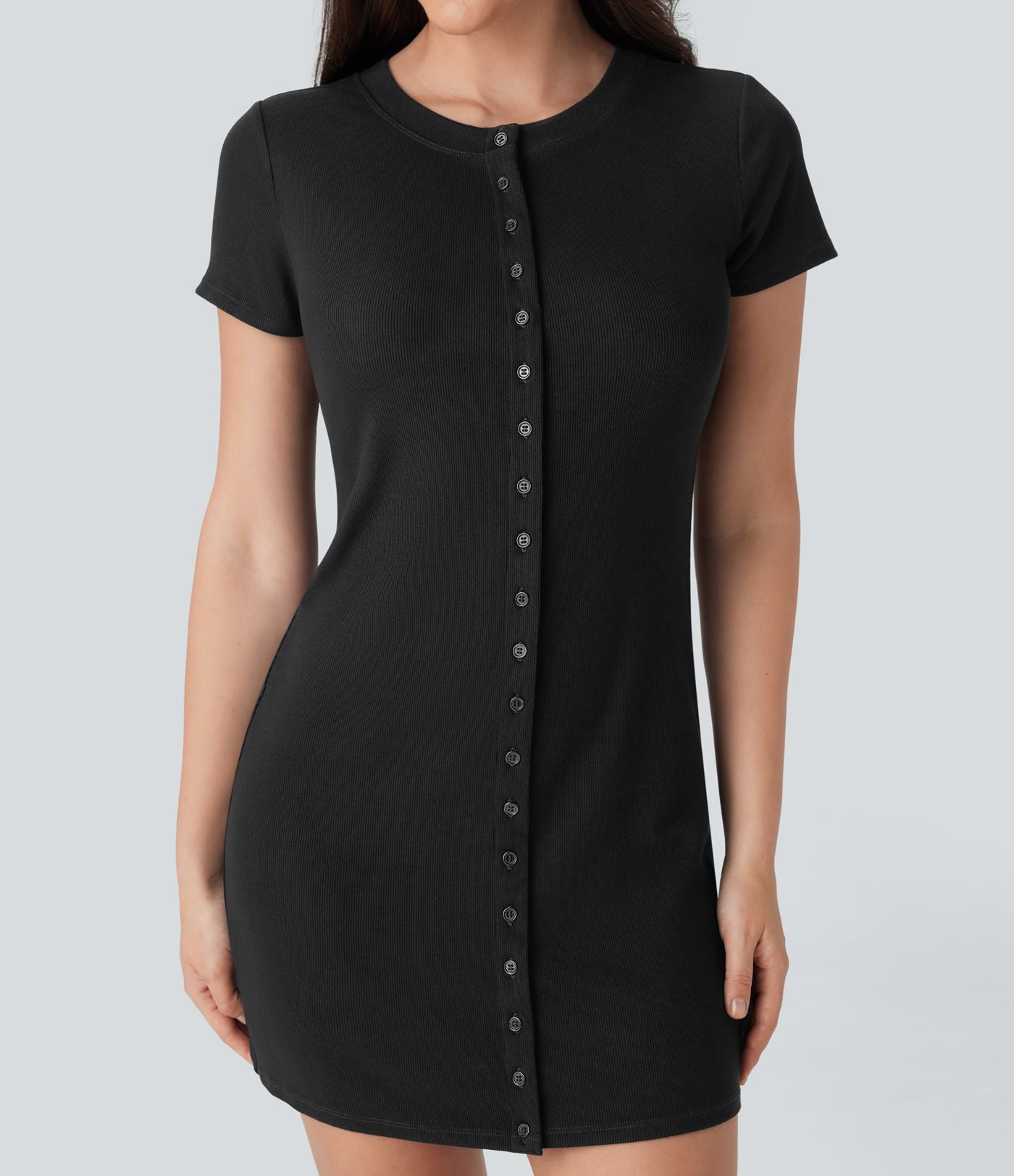 Robe décontractée mini en maille côtelée à col rond et boutons