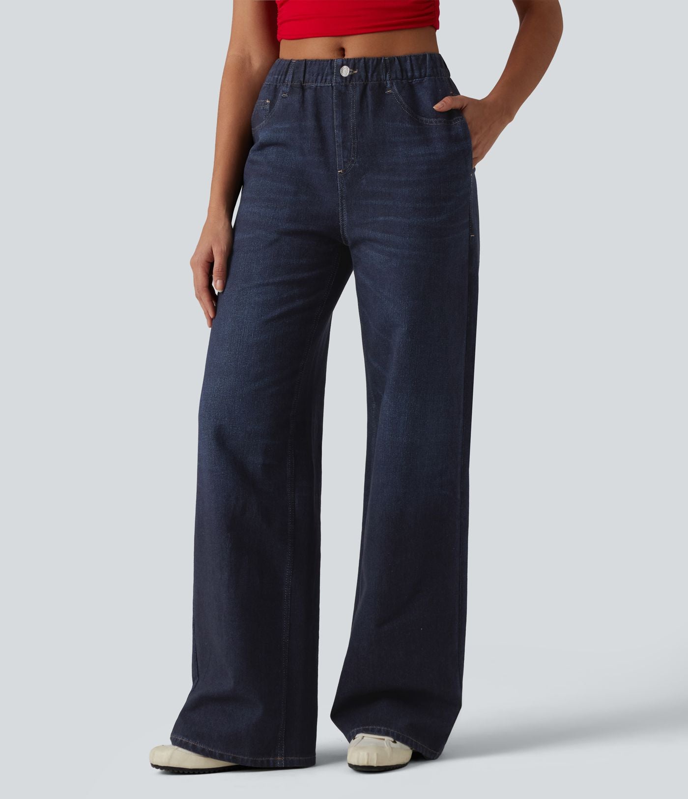 Jogging jean décontracté en molleton French Terry imprimé denim taille mi-haute avec poches