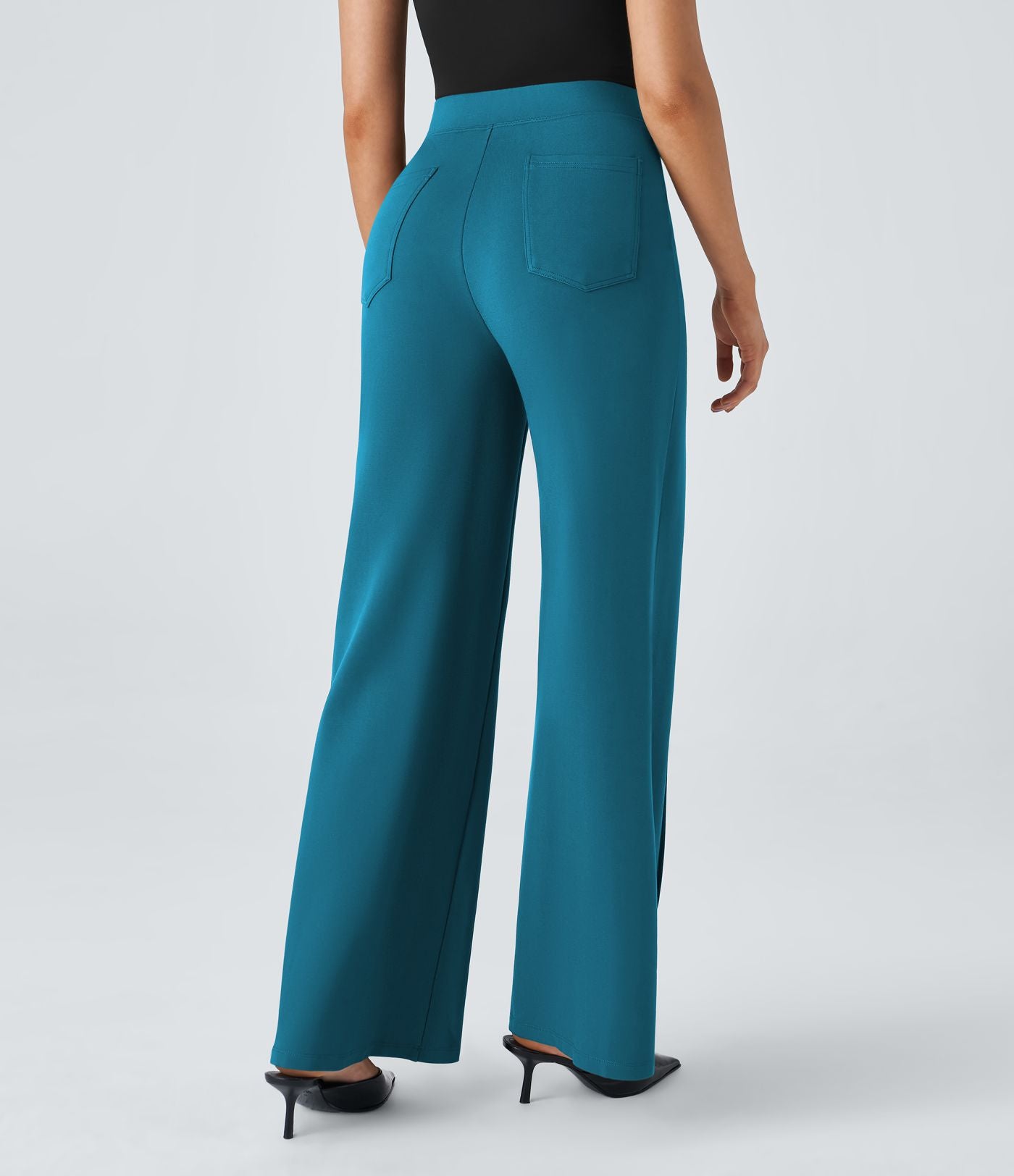 Pantalon Tailleur Large Taille Haute avec Bouton et Poches