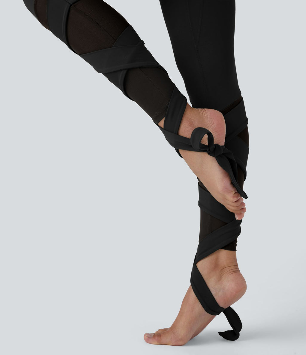 Softlyzero™ Legging Taille Haute Empiècement en Maille Contrastante Lacets Croisés Longueur 7/8