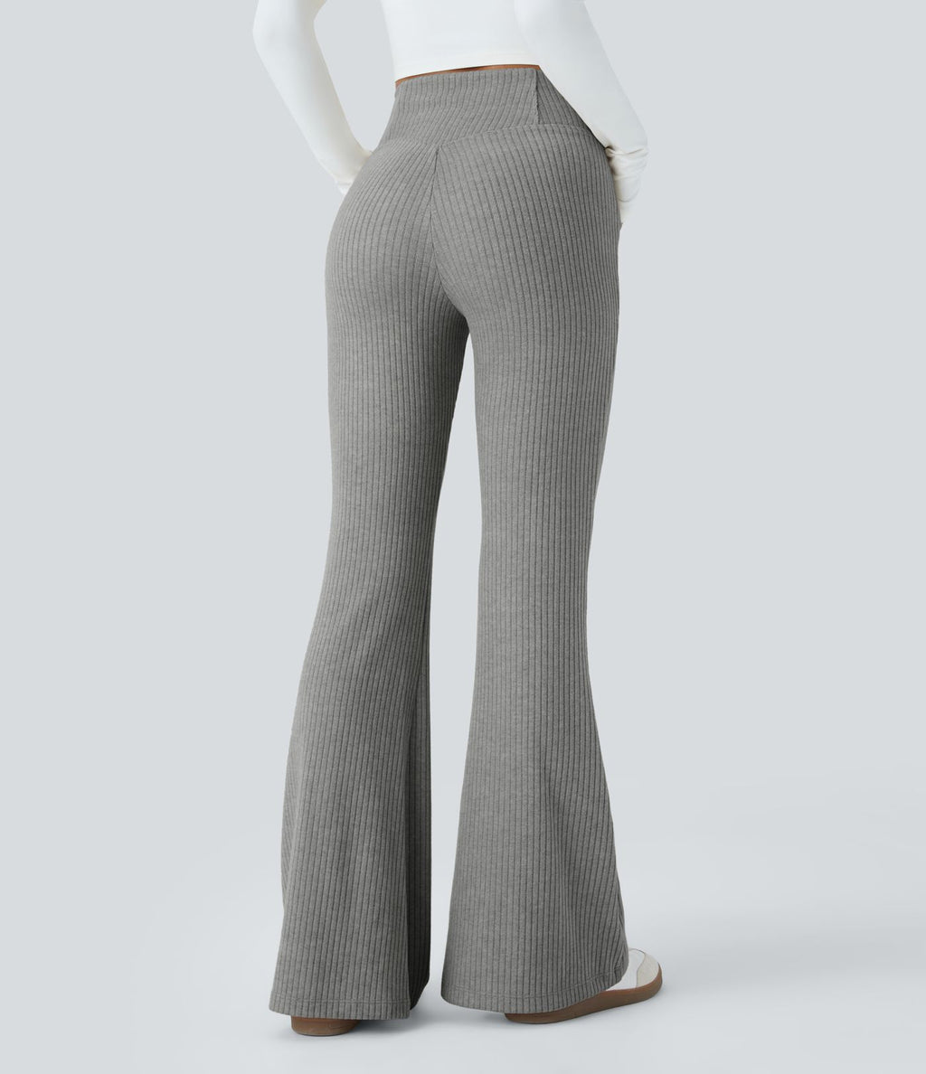 Pantalon Taille Haute Casual Évasés en Tricot Côtelé avec Poches Latérales et Croisé