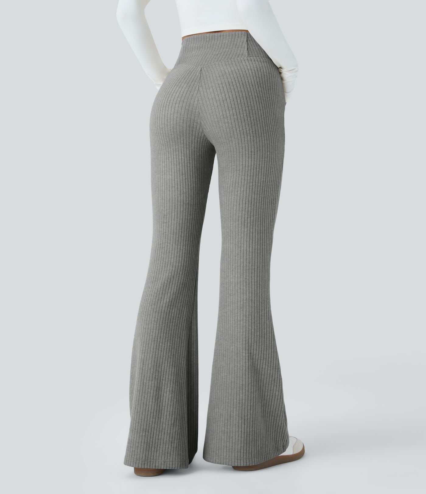 Pantalon Taille Haute Casual Évasés en Tricot Côtelé avec Poches Latérales et Croisé