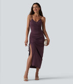 Robe midi moulante à col en V rembourrage non amovible et fronces à cordon
