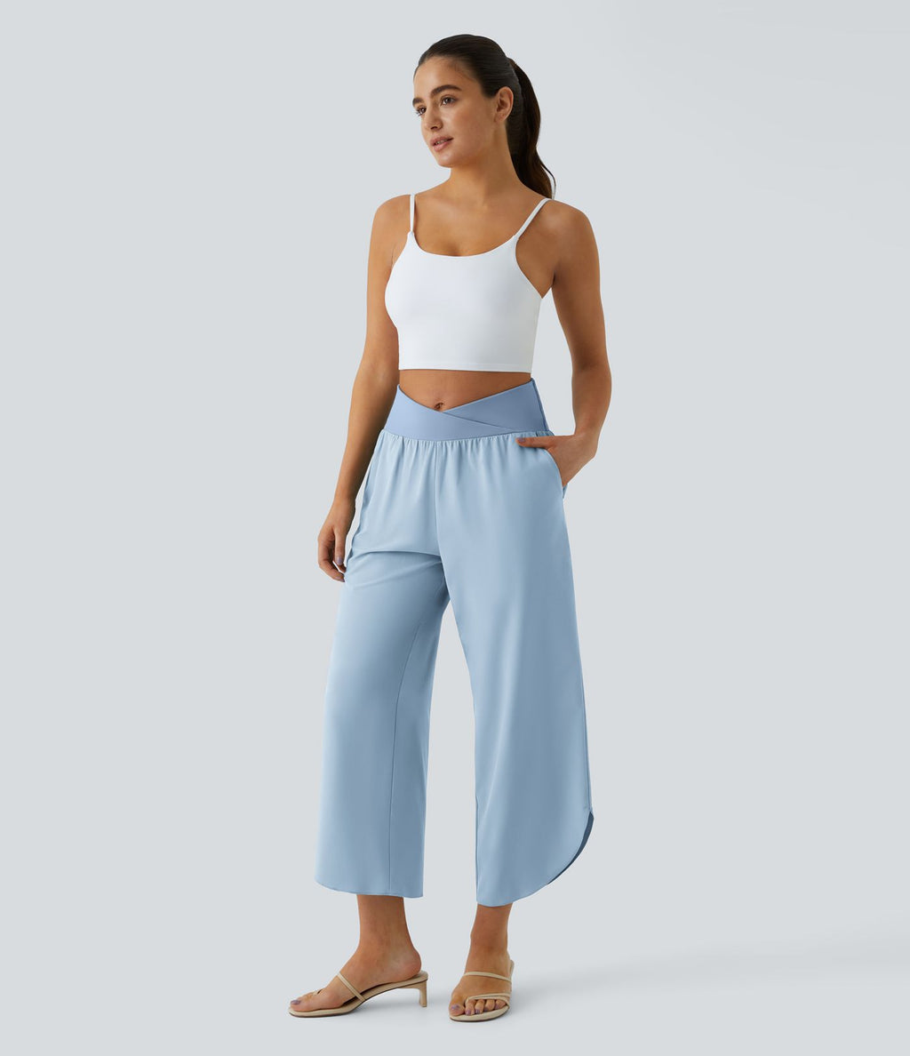 Breezeful™ Pantalon Fluide Vacances Séchage Rapide Taille Haute Croisée Poches Latérales Plissées Fente