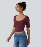 T-shirt décontracté côtelé col rond échancré manches courtes